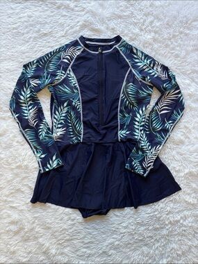 NEW Zando Navy Blue Long Sleeve Tropical Leaves Swim Dress Size XL